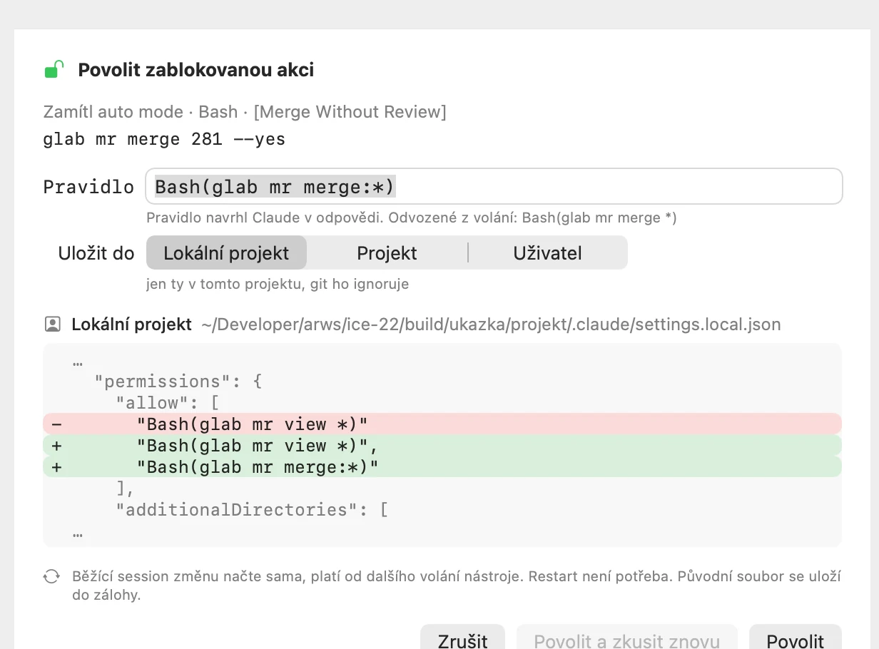 Blocked action, suggested rule and the settings diff