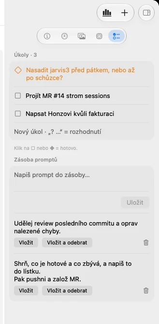 Workspace inspector with tasks and the prompt stash