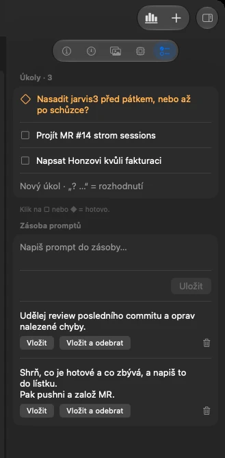Workspace inspector with tasks and the prompt stash